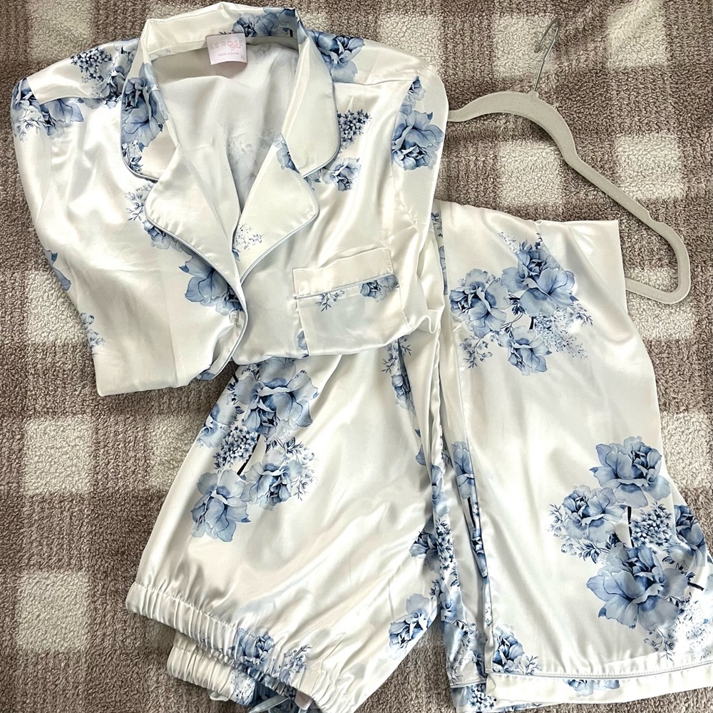 Floral Satin Pajama Set - White and Blue